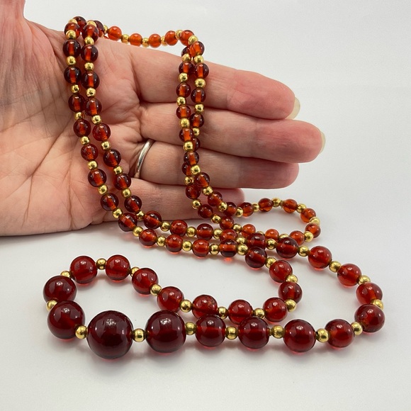 VTG, Lamp Work Glass & Gold Bead Necklace, Root Beer Color, Rope Length, 36" - Picture 5 of 11